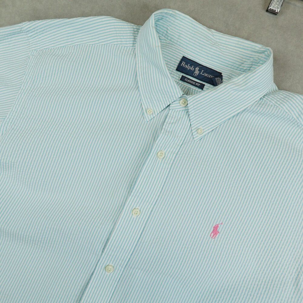 Ralph Lauren Shirt Mens XXL Seersucker Classic Button Down Untucked Striped Pony